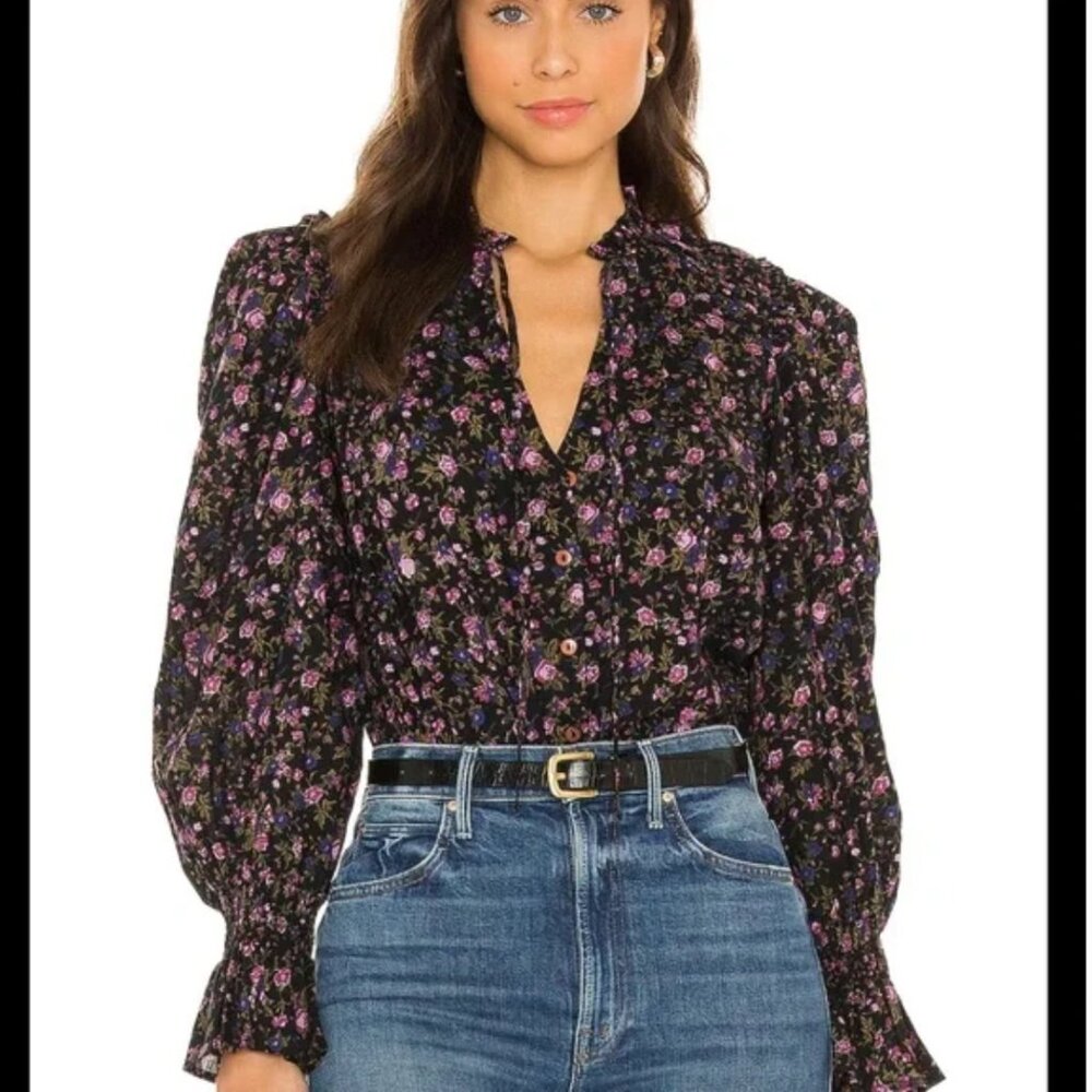 Free People Meant To Be Black Micro Floral Cottagecore Prairie Tassel Blouse S